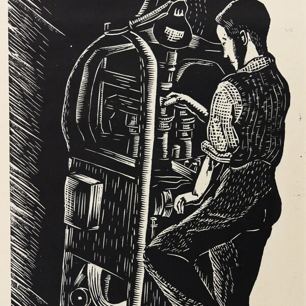 Dělník u stroje (Album Prací k blahobytu, Zlín), linoryt, 49,7×34,8 cm, 1937