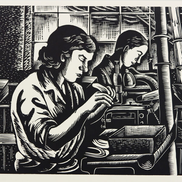 Ženy u pásu (Album Prací k blahobytu, Zlín), linoryt, 49,7×34,8 cm, 1937