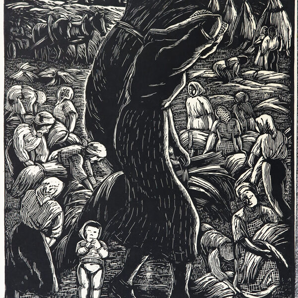 Při mlácení (Žně v JZD), linoryt, 68,5×47 cm, 1961