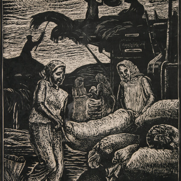 Výmlat v JZD (Žně v JZD), linoryt, 69,5×48 cm, 1960
