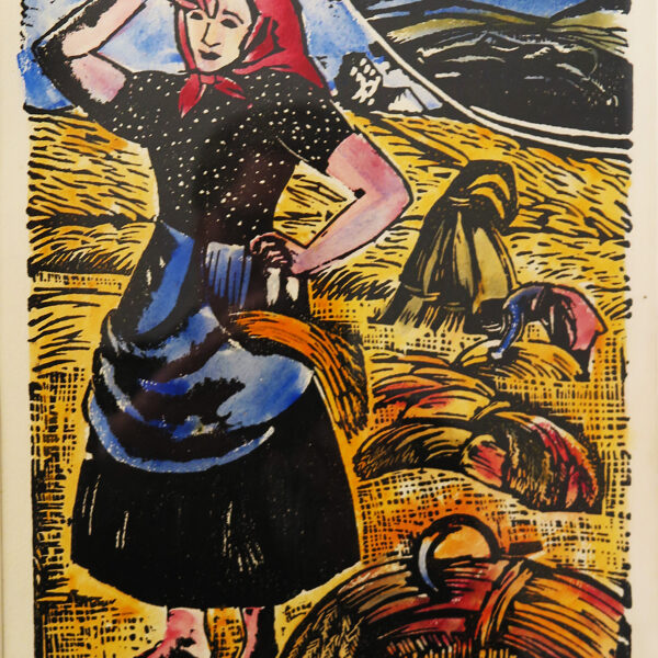 Žně (Ilustrace ke Slezským písním Petra Bezruče), kolorovaný linoryt, 31,5×24 cm, 1937