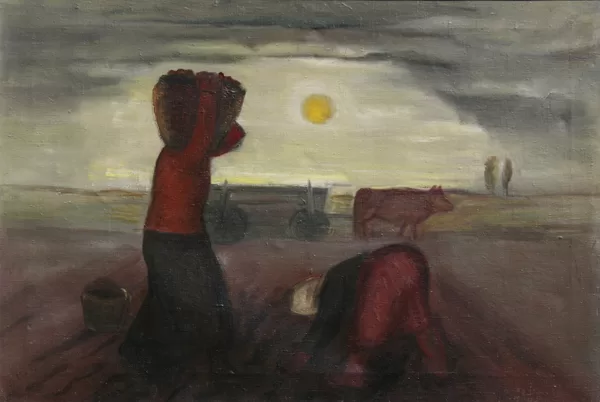 Sbírání brambor, olej, 50×73 cm