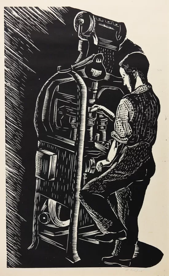 Dělník u stroje (Album Prací k blahobytu, Zlín), linoryt, 49,7×34,8 cm, 1937