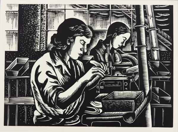 Ženy u pásu (Album Prací k blahobytu, Zlín), linoryt, 49,7×34,8 cm, 1937
