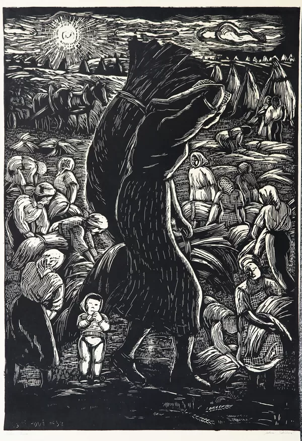 Při mlácení (Žně v JZD), linoryt, 68,5×47 cm, 1961