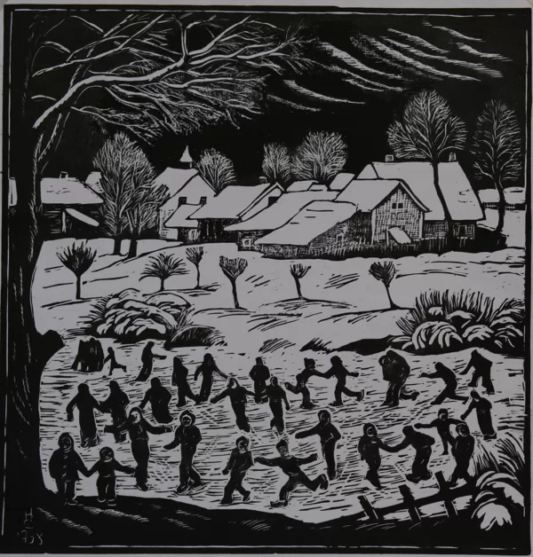 Na rybníku (Zima v Polance), linoryt, 38×36,5 cm, 1958
