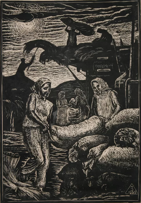 Výmlat v JZD (Žně v JZD), linoryt, 69,5×48 cm, 1960