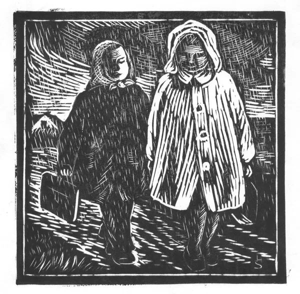 Do školy v dešti, linoryt, 15×15 cm, 1957