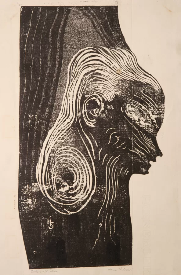 Dívčí profil (Tvary skryté ve dřevě), dřevořez, 45×25 cm