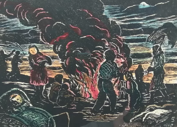 Dobývání brambor (Vybírání brambor na družstevních polích), kolorovaný dřevořez, 29,5×40 c