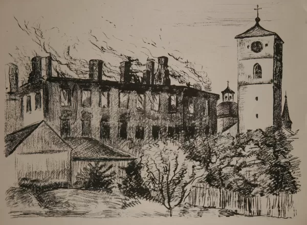 Klimkovice (Válkou postižené Slezsko), litografie, 50,5×68,5 cm, 1945