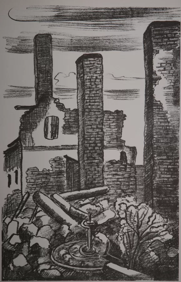 Dolní Benešov (Budujeme Slezsko), litografie, 37×23,5 cm, 1945
