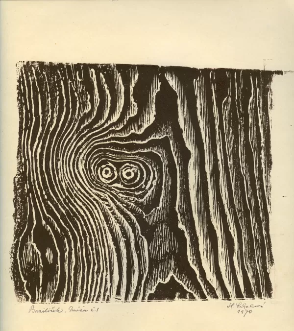 Bazilišek (Tvary skryté ve dřevě), dřevořez, 17,5×19,5 cm, 1970
