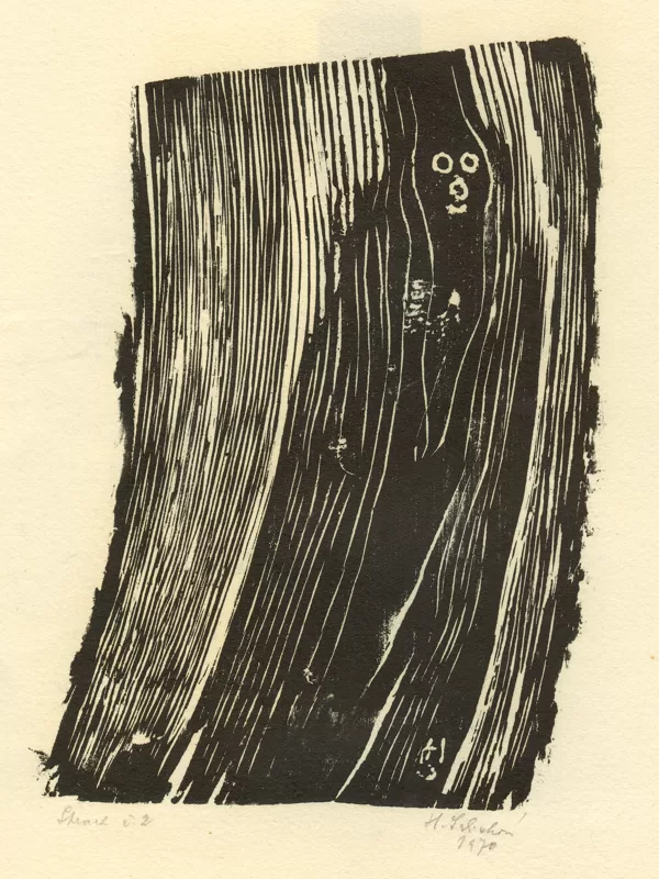 Strach (Tvary skryté ve dřevě), dřevořez, 19×12,5 cm, 1970