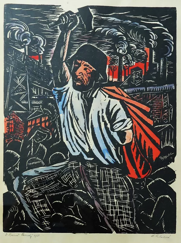 Škaredý zjev (Ilustrace ke Slezským písním Petra Bezruče), kolorovaný linoryt, 32×24 cm, 1