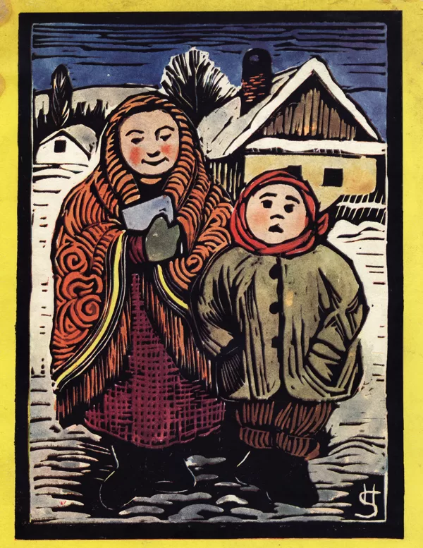 Přebal knihy Slezské bajky, barevný linoryt, 18×13 cm