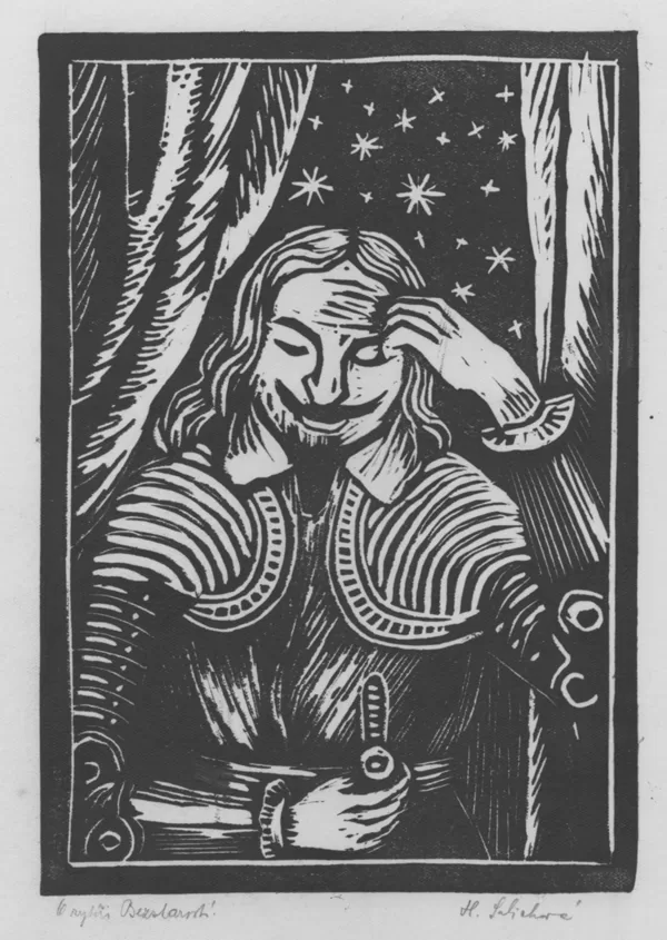 O rytíři Bezstarostí, linoryt, 18,5×12,9 cm