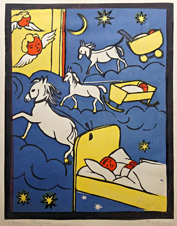 Pohádková země (Dětský svět), barevný linoryt, 26×20 cm, 1932