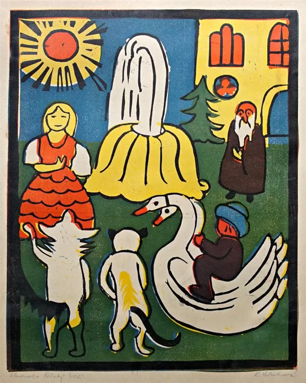 Pohádková země (Dětský svět), barevný linoryt, 26×20,4 cm, 1932
