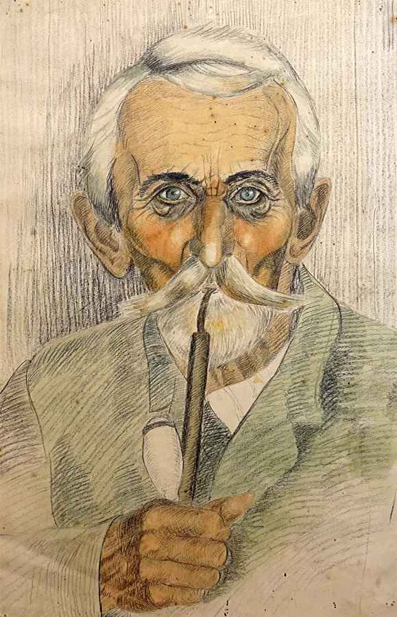 Starý strýc Hruška z Kyjovic, kresba tužkou, akvarel, 48×32 cm, před r. 1918